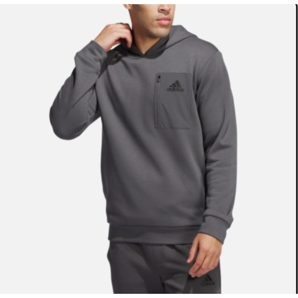 Adidas Men Gray Zip Pocket Hoodie Pullover Athletic Performance Sweatshirt LARGE